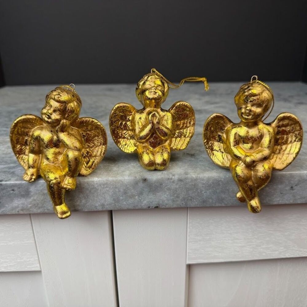 3 Piece Gold-Tone Cherub Angel Vintage Ceramic Ornaments with Box-Baroque/Rococo